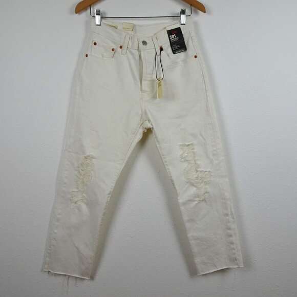 Levi's 501 Cropped Jeans Women's 28x26 White Denim Distressed Button Fly - Picture 1 of 11